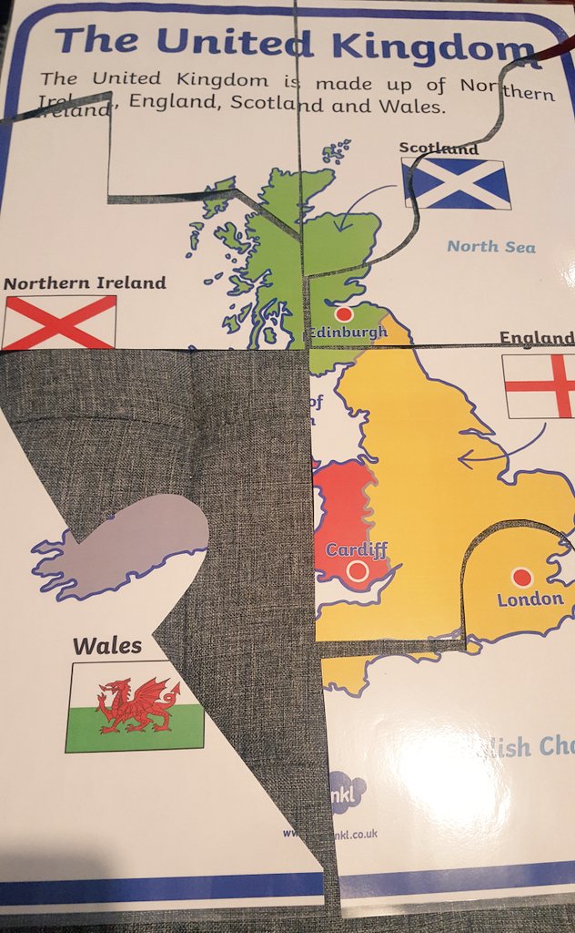 ArtyMrsM's tweet photo. I really wanted a simple jigsaw puzzle of the UK to use daily with my new class as we find that our pupils struggle to locate our country and what makes up the UK. This @twinklresources A2 poster worked a treat cut up into my own puzzle pieces! #edutwitter #teacherlife https://t.co/8LVA0BJNjv