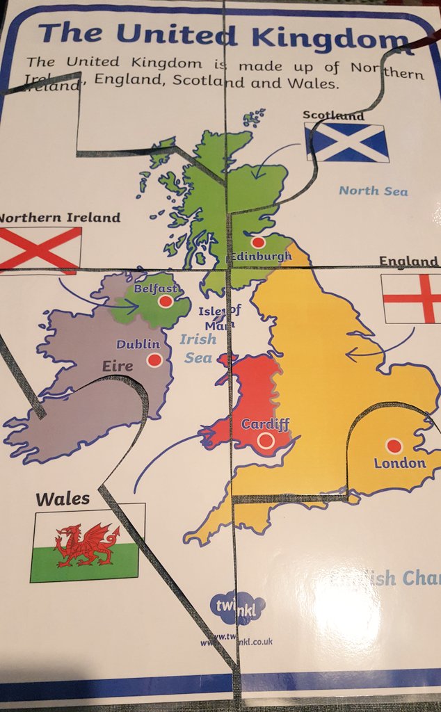 ArtyMrsM's tweet photo. I really wanted a simple jigsaw puzzle of the UK to use daily with my new class as we find that our pupils struggle to locate our country and what makes up the UK. This @twinklresources A2 poster worked a treat cut up into my own puzzle pieces! #edutwitter #teacherlife https://t.co/8LVA0BJNjv