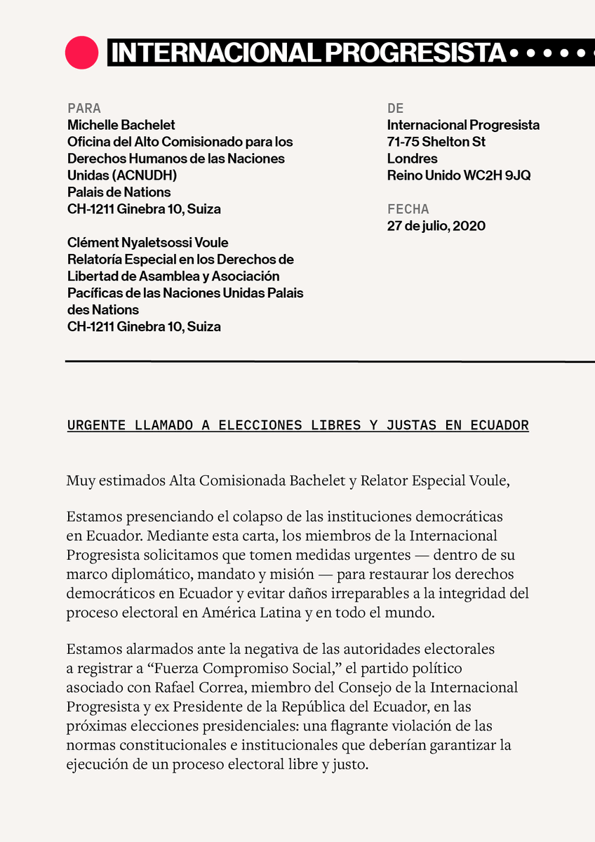 ProgIntl_ES's tweet photo. Los Miembros del Consejo de la IP — @AliciaCastroAR, @EliGAlcorta, @GarciaLinera, @yanisvaroufakis, entre ellos — han escrito al Alto Comisionado de Naciones Unidas @mbachelet y al Relator Especial @cvoule exigiendo acciones urgentes para salvaguardar la democracia en Ecuador. 1/ https://t.co/d0NBy5x0Dx