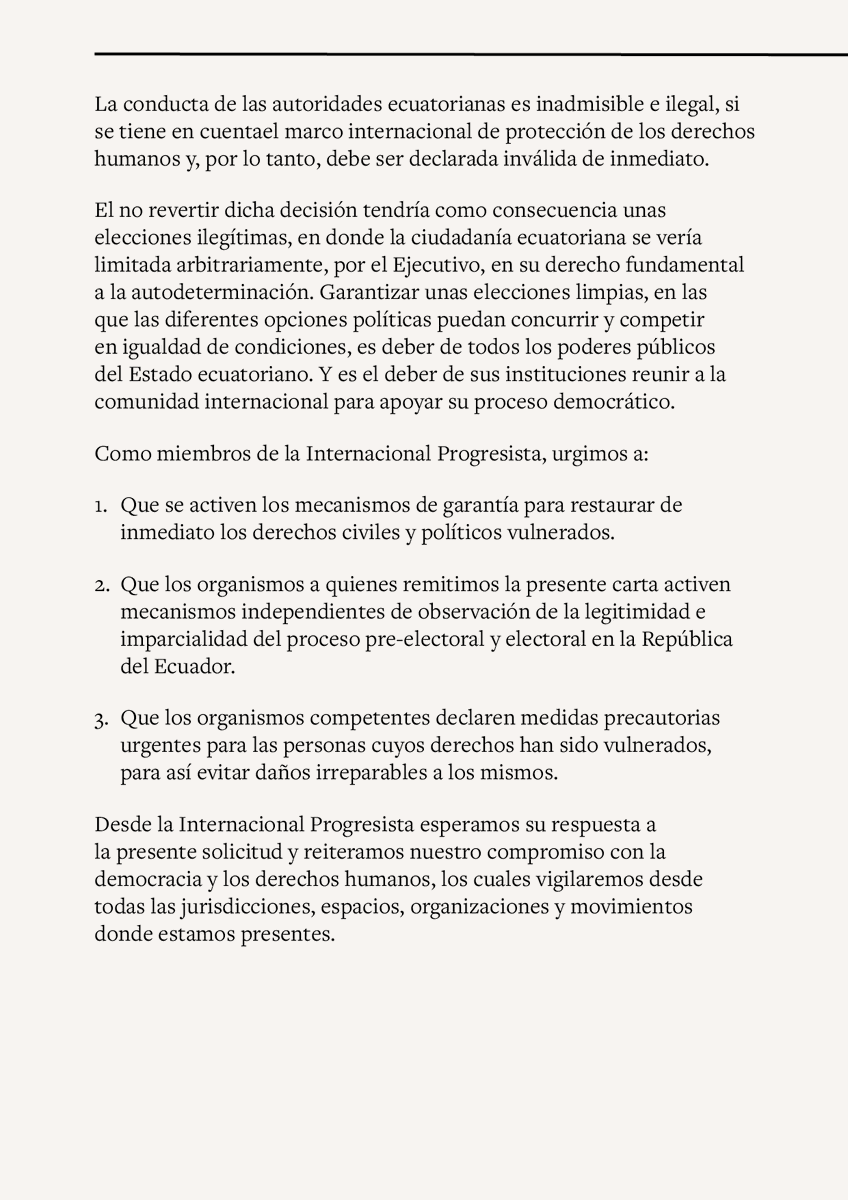 ProgIntl_ES's tweet photo. Los Miembros del Consejo de la IP — @AliciaCastroAR, @EliGAlcorta, @GarciaLinera, @yanisvaroufakis, entre ellos — han escrito al Alto Comisionado de Naciones Unidas @mbachelet y al Relator Especial @cvoule exigiendo acciones urgentes para salvaguardar la democracia en Ecuador. 1/ https://t.co/d0NBy5x0Dx
