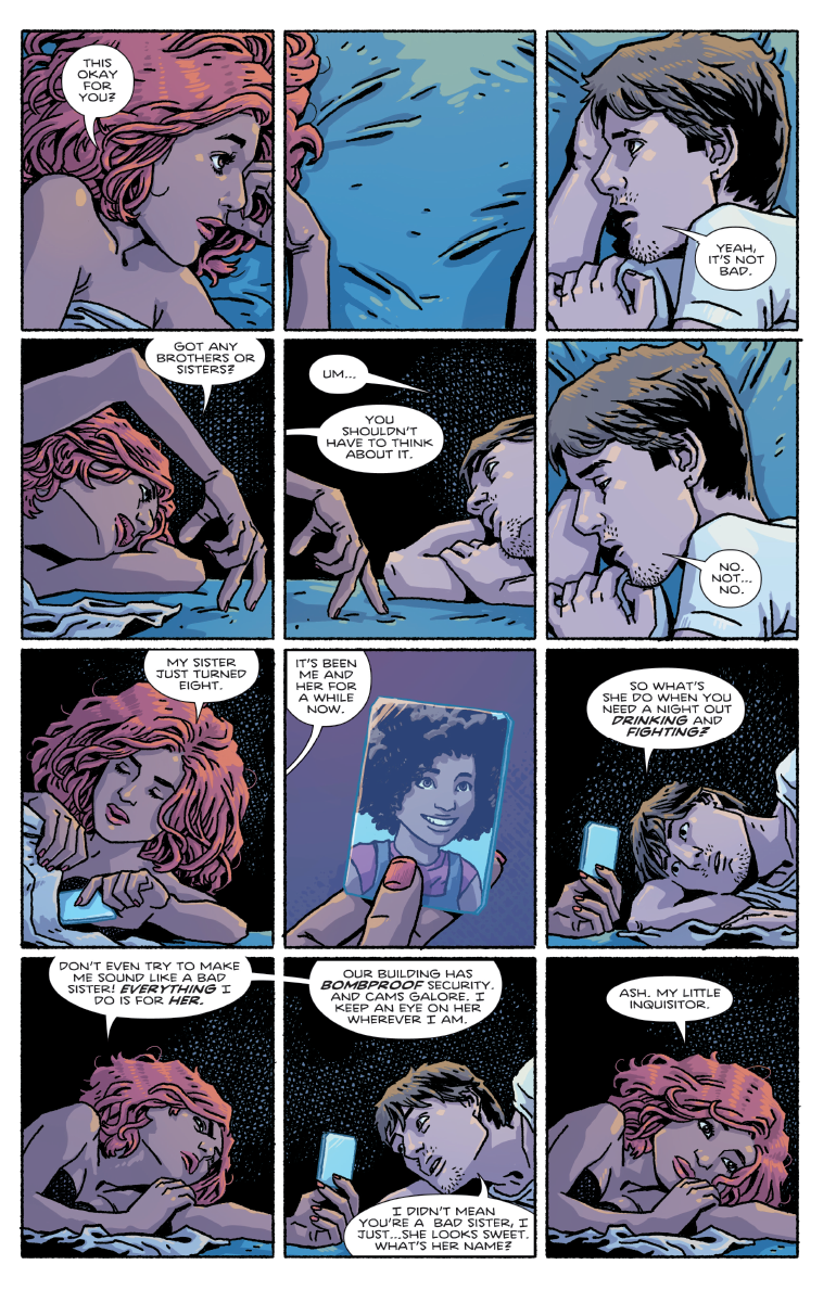 My goal with these pages was to use the panel borders as figurative walls between the characters. Although they're physically close, they aren't emotionally close yet. It's not until they've both opened up to each other that I allowed them to be in the same panel together.