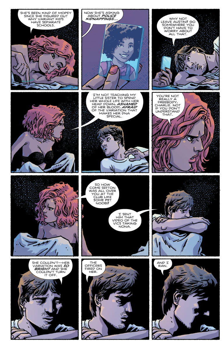 My goal with these pages was to use the panel borders as figurative walls between the characters. Although they're physically close, they aren't emotionally close yet. It's not until they've both opened up to each other that I allowed them to be in the same panel together.