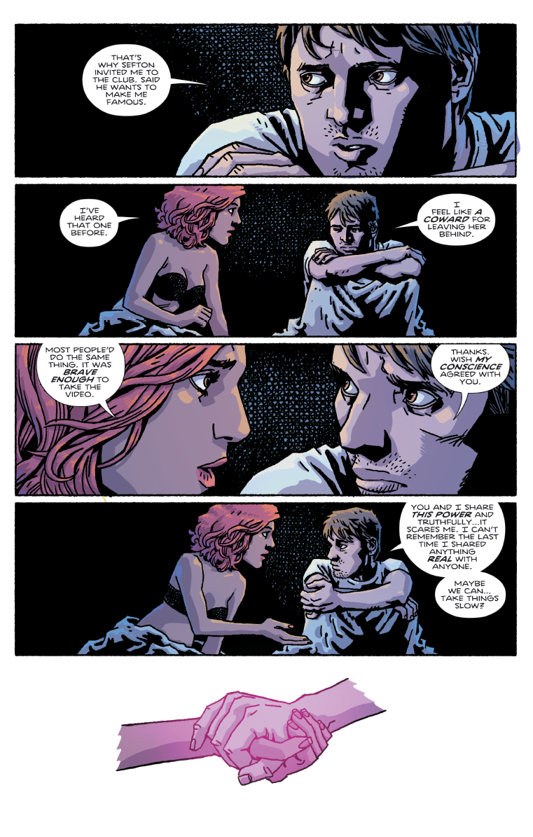 My goal with these pages was to use the panel borders as figurative walls between the characters. Although they're physically close, they aren't emotionally close yet. It's not until they've both opened up to each other that I allowed them to be in the same panel together.