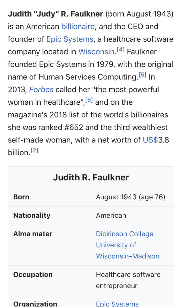79/ JUDY FAULKNERHEALTHCARE MOGUL99% of assets to PledgeBig 0bama donor, H R C tiesValue up 64% since C0VIDHer company now holds the medical records of over 200 million peopleTried to block Trump Healthcare movies & didn’t want to share records in C0VID crisis