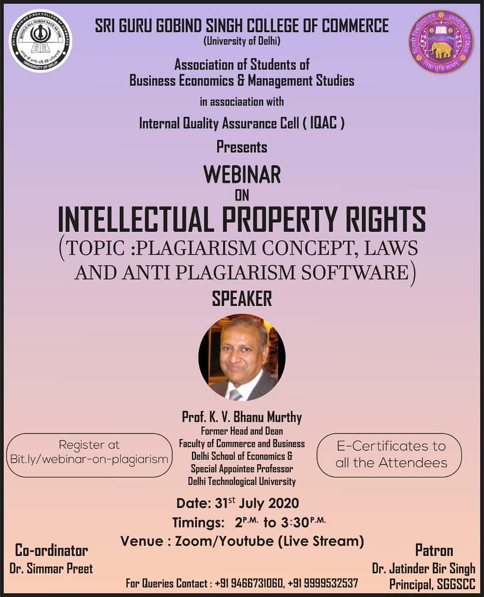 asbems's tweet photo. Topic- Intellectual Property Rights
•Plagiarism Concept, Laws and Anti Plagiarism Software•

Date🗓️- 31st July 2020
Time🕑- 2 pm to 3:30 pm

The mode of the webinar will be Zoom &amp; Youtube Live.
You must Vouch for this Session!🔥

Register now!
https://t.co/f8LRGi8IbK https://t.co/IOaqFenYiy