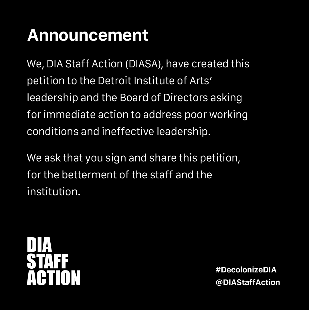 DIAstaffaction's tweet photo. #Announcement Sign our petition for the betterment of the DIA and its staff!

https://t.co/tyhEVklHQg

#MuseumsAreNotNeutral #DecolonizeDIA https://t.co/Y9Tb8CQd7o