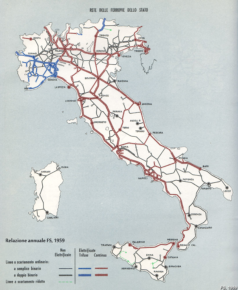 7/ In the same article there is this map of electrified lines in 1959 (credits go to  http://stagniweb.it , a wonderful repository of old rail and urban facts). The peculiarity is for sure the large extension of three-phase electrification in the N-W, even in local lines.