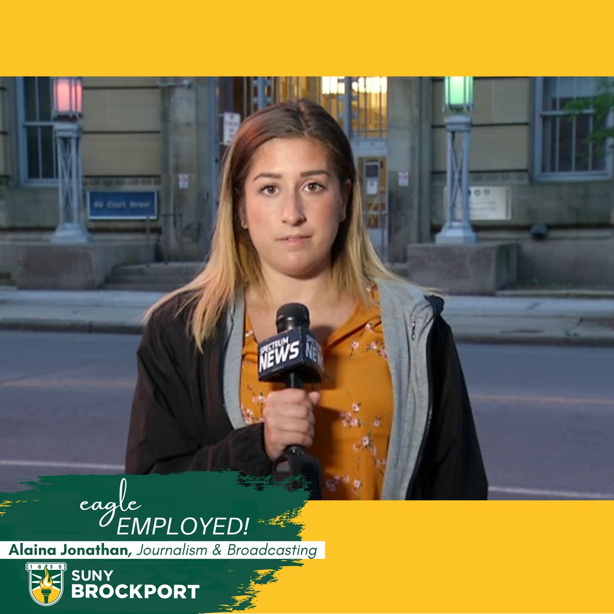 BrockportCareer's tweet photo. Todayβs 2020 Grad who is #EagleEmployed is Alaina Jonathan!!
Alaina graduated with a Bachelor of Science in Journalism and Broadcasting and is now working as a Reporter for WICU/WSEE-TV in Erie, PA.
Congratulations Alaina! ππ
@Brockport | @ErieNewsNow https://t.co/d7AMO5ksTA