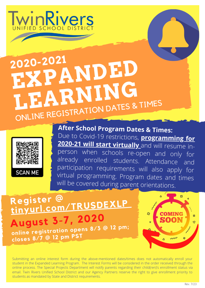 TwinRiversUSD's tweet photo. Online registration for the 2020-2021 Expanded Learning (after school) programs will open on Monday, August 3 at 12 p.m. and close on Friday, August 7 at 12 p.m.

For more information, please visit: https://t.co/PjPMcP1yX0 https://t.co/BYmft6iDYD