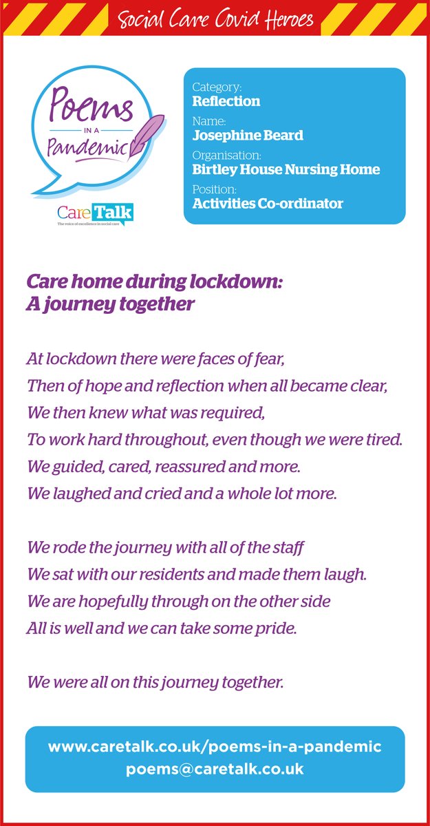 Thank you Josephine <a href="/BirtleyHome/">Birtley House Nursing Home</a> for sending in this gorgeous poem of #reflection during the pandemic.

'Care home during lockdown: a journey together' 💜🖊️ 

#PoemsInAPandemic #ThankYouSocialCare 

<a href="/CareTalkMag/">Care Talk</a>