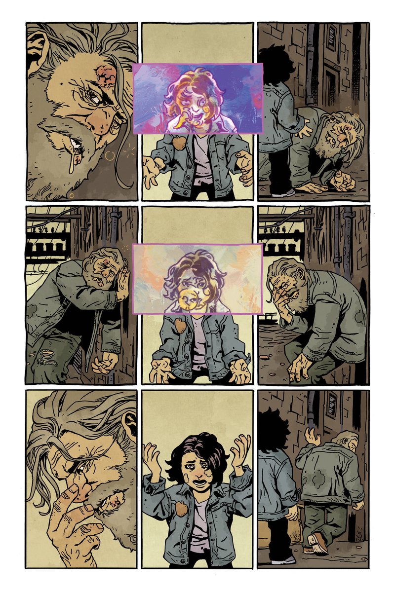 I like to use panel borders to say something about the characters or their world. In this example from THE DREGS, the panels start off hand drawn & I gradually introduce a ruler because Arnold has just woken up from a drugged out stupour & he's sobering up and getting his barings