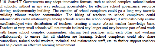 The rationalization of schools does find mention, but could be worse. Old pitch for the idea of complexes.