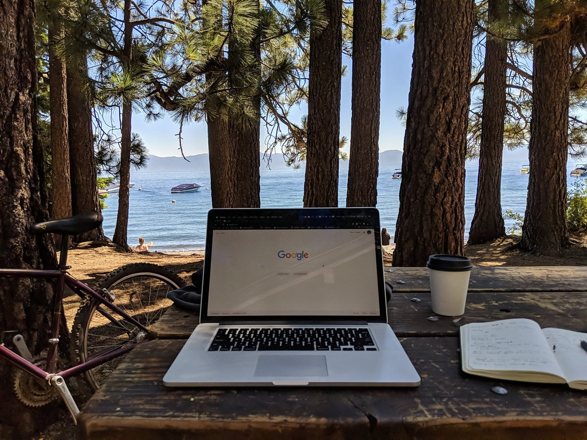 jackfurr's tweet photo. My desk for the day. #LakeTahoe #CovidCoding #remotework https://t.co/h8Xt6MeoPY