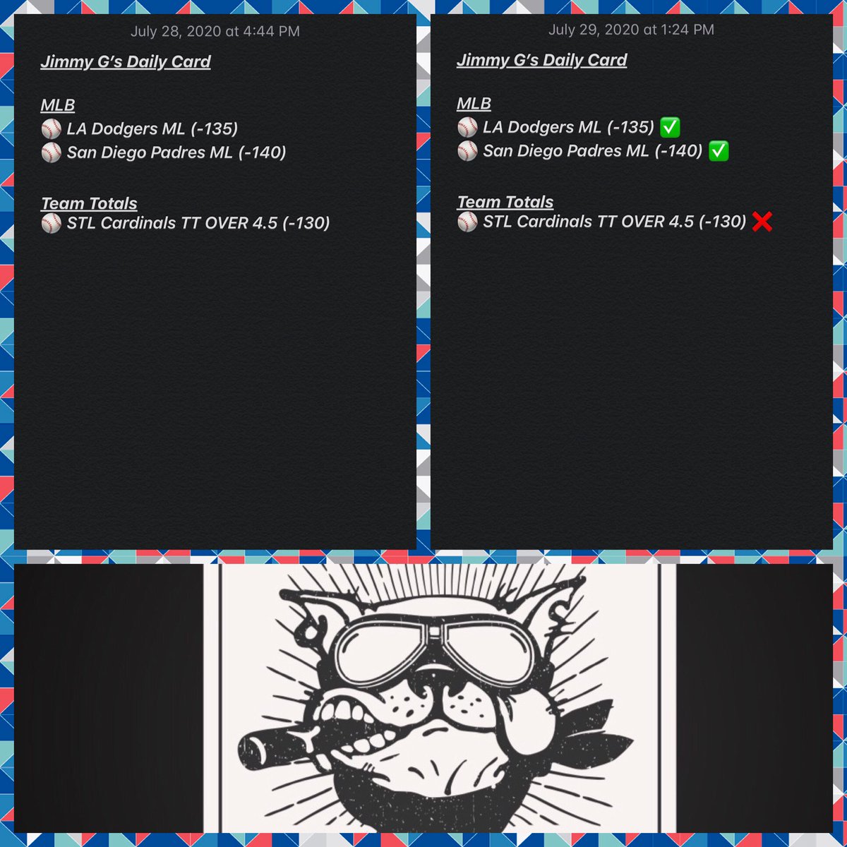 dogsandaces's tweet photo. 2-1 on yesterday’s card to keep the 🔥 rollin! ⚾️ 
Only one losing day thus far to begin the season.
.
www.dogsandaces@gmail.com https://t.co/fWmU0zUNQS