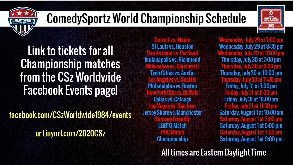 CSzWorldwide's tweet photo. TONIGHT our first virtual ComedySportz World Championship matches kick off! Click the link below to grab your tickets!

https://t.co/CkeKwQZTGK 

#cszworldwide #cszww #comedysportz #csz #comedy #fun #improv #cszdetroit #cszmaine #cszstlouis #cszhouston #cszsanantonio #cszportland https://t.co/KKSwXGCa2k