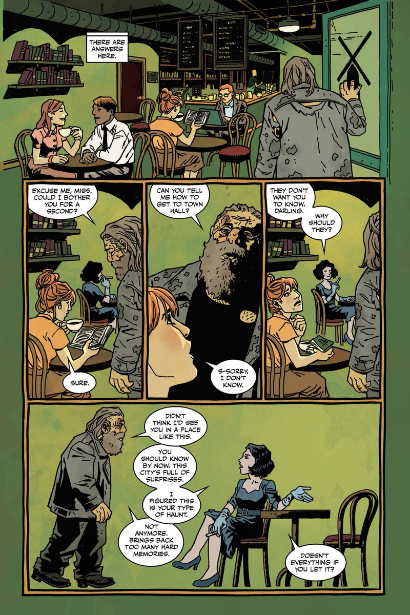 In this sequence, Arnold is the only one in the cafe who can see the myserious film noir woman. So she only appears in panels with a the extra border.