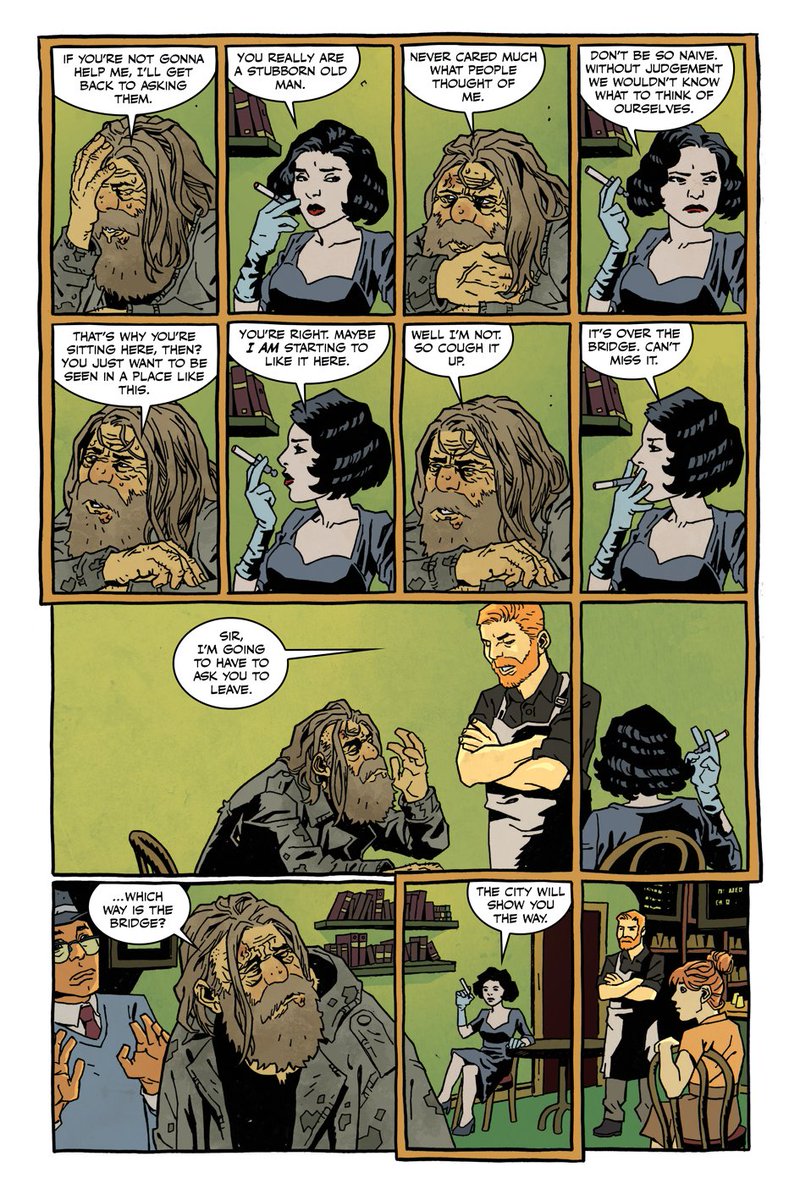 In this sequence, Arnold is the only one in the cafe who can see the myserious film noir woman. So she only appears in panels with a the extra border.