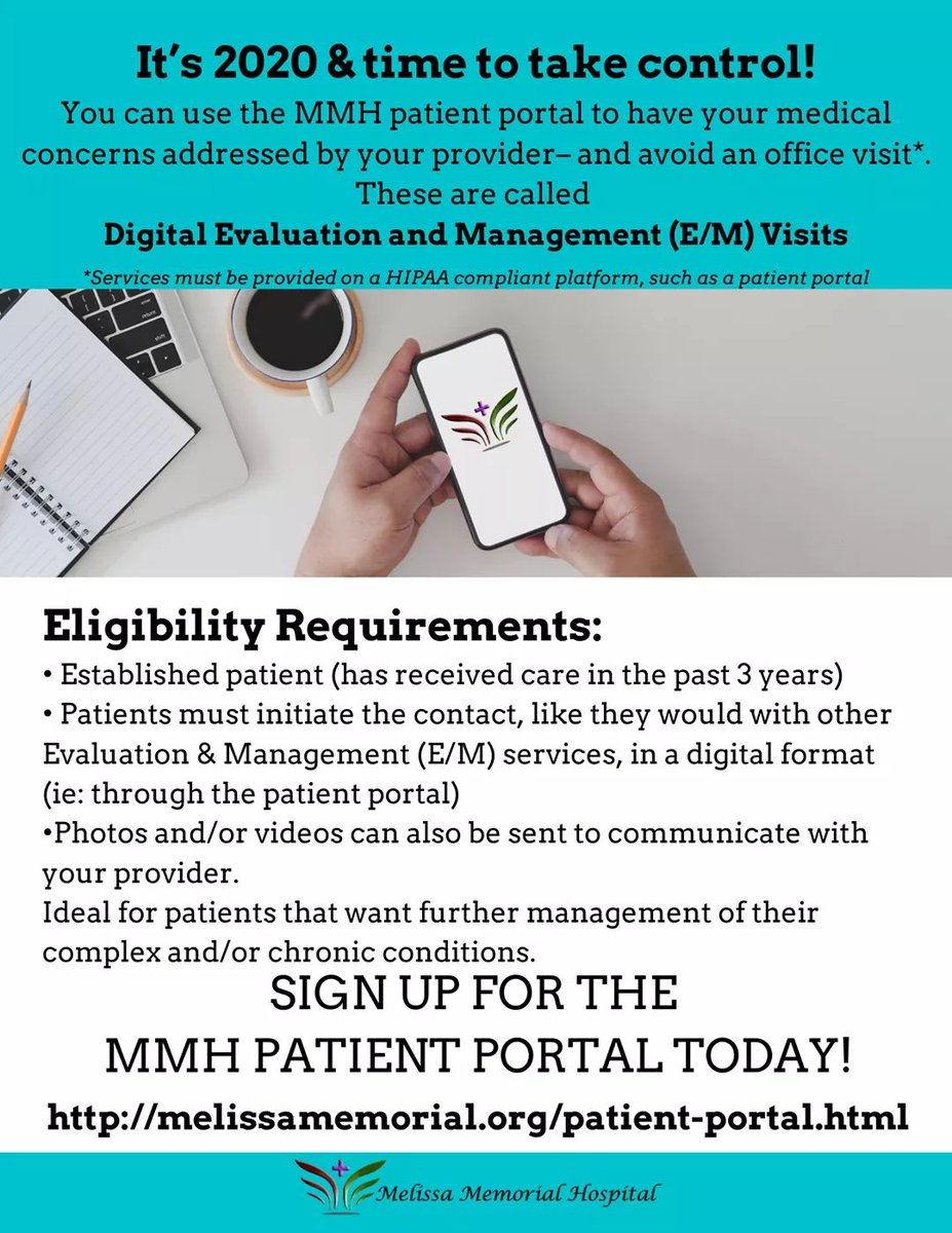 MelissaMemorial's tweet photo. It’s 2020 &amp; time to take control! You can use the MMH patient portal to have your medical concerns addressed by your provider and avoid an office visit. Sign up today! https://t.co/UfTETimSVU