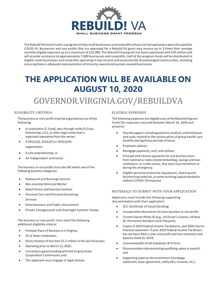 Small businesses are the backbone of our economy &amp; they are among those hit hardest by #COVID19. <a href="/GovernorVA/">Governor Abigail Spanberger</a> announced #RebuildVA, a new $70 million grant fund to help eligible #businesses &amp; #nonprofits recover. Application opens 8/10. 

Learn More: governor.virginia.gov/rebuildva/