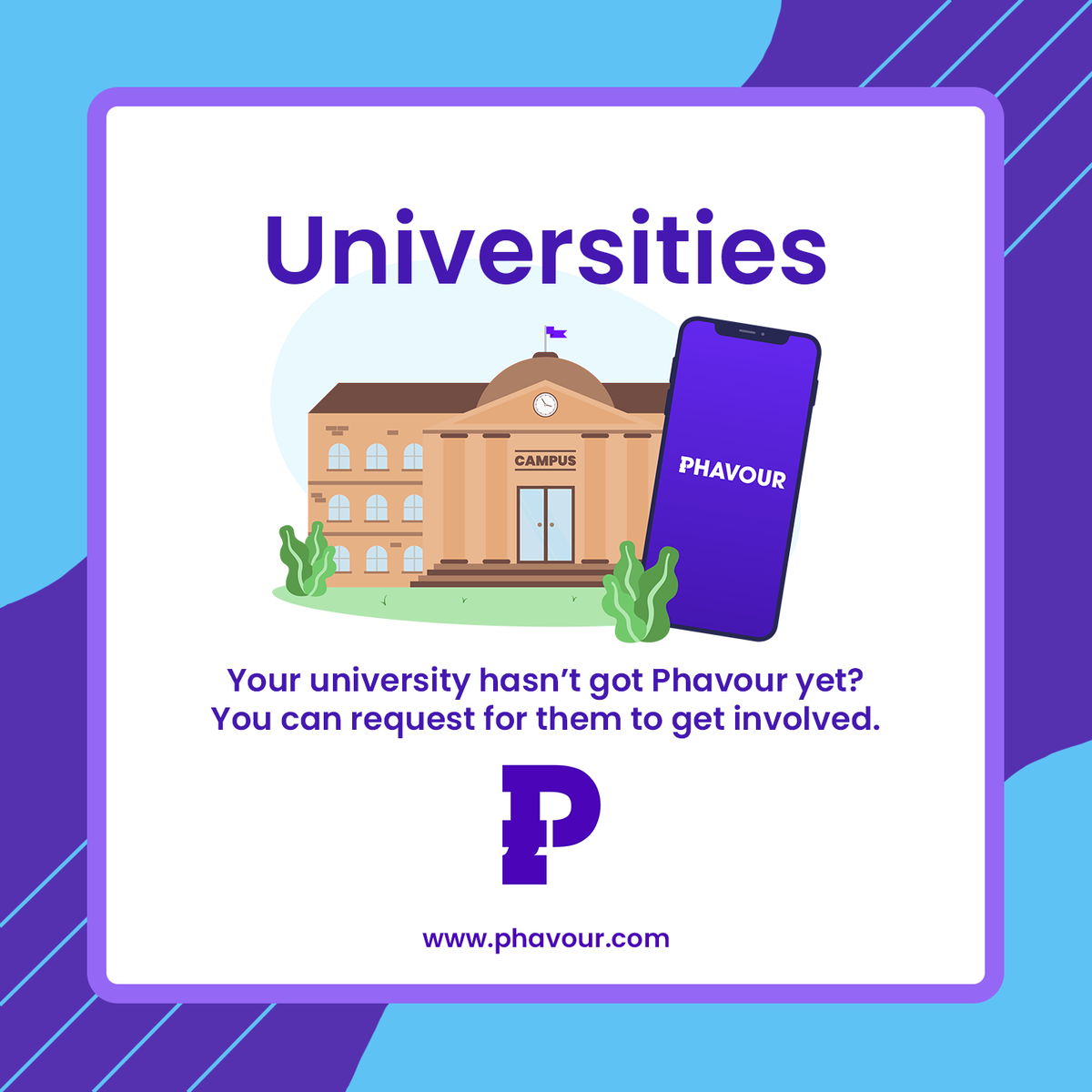 PhavourLtd's tweet photo. If your university doesn't have Phavour – head over to https://t.co/DLfypGyhbB to request for them to get involved.
#phavour #doaphavour #domeaphavour #oneofftask #freelance #parttime #university #student https://t.co/JNt0F1LPLn