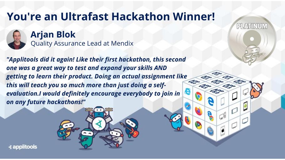 Congrats to <a href="/practicaltester/">Arjan Blok</a> from <a href="/Mendix/">Mendix - Build excellent apps</a> for being a Platinum and $1,000 cash prize winner in the Ultrafast Cross Browser Testing Hackathon! 

Here’s what Arjan had to say about his experience ⬇️ 
info.applitools.com/uHCG