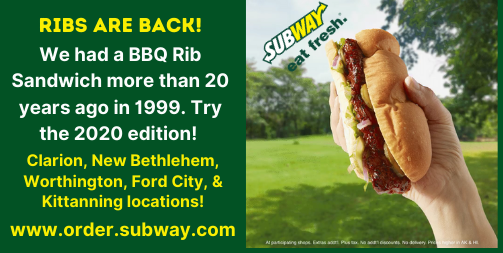SubwayClarion's tweet photo. Get your BBQ Ribs at your #Clarion or #Armstrong County Subway Restaurants. YUM! #EatFresh https://t.co/D9CZho79Zy