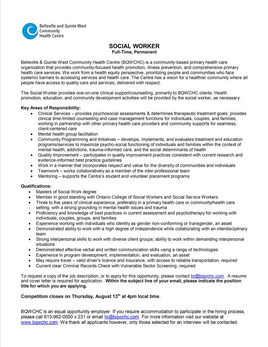 Belleville & Quinte West CHC (@bqwchc) on Twitter photo BQWCHC has an opening for a Social Worker, full-time, permanent. To apply for this opportunity, please email your resume and cover letter to hr@bqwchc.com. For more information: bqwchc.com/about-us/caree… BQWCHC has an opening for a Social Worker, full-time, permanent. To apply for this opportunity, please email your resume and cover letter to hr@bqwchc.com. For more information: bqwchc.com/about-us/caree…