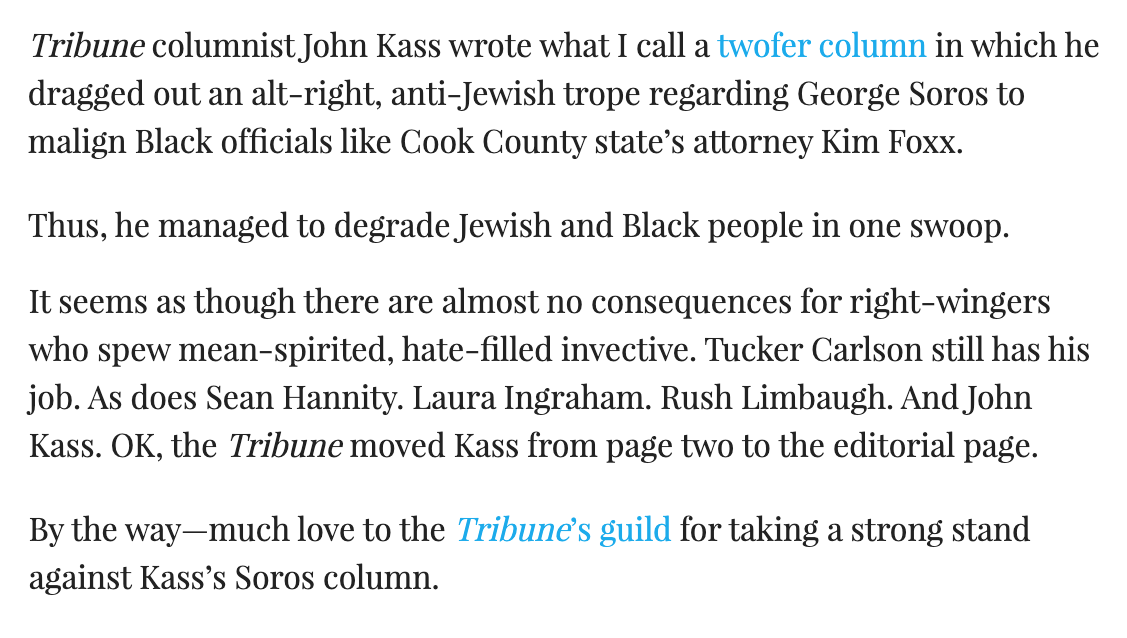 Ben Joravsky wrote in  @Chicago_Reader that Kass "managed to degrade Jewish and Black people in one swoop." https://chicagoreader.com/chicago/yoho-cotton-trump/Content?oid=81647669