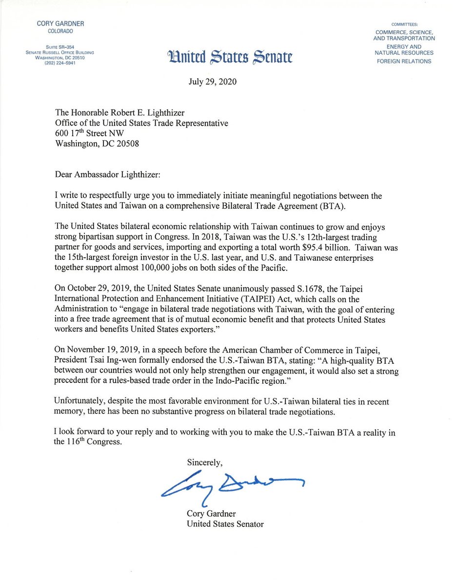 Today, @SenCoryGardner sent a letter to USTR Lighthizer, urging him to immediately initiate meaningful negotiations between the U.S. and Taiwan on a comprehensive Bilateral Trade Agreement. Live discussion with Senator Gardner on a BTA: youtube.com/watch?v=3Z3mBf…