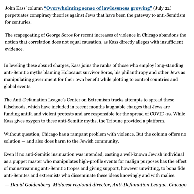 Here's a letter to the Trib from  @ADLMidwest: "Even if no anti-Semitic insinuation was intended, casting a well-known Jewish individual as a puppet master who manipulates high-profile events for malign purposes has the effect of mainstreaming anti-Semitic tropes."