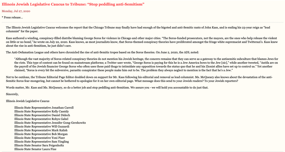 IL Jewish Legislative Caucus penned a letter: "Mr. Kass and Ms. McQueary... do a better job and stop peddling anti-Semitism."  https://capitolfax.com/2020/07/27/illinois-jewish-legislative-caucus-to-tribune-stop-peddling-anti-semitism/IllinoisMcQueary is the Trib op-ed page editor who famously wished in a column that Chicago would be hit by a Katrina-style disaster.