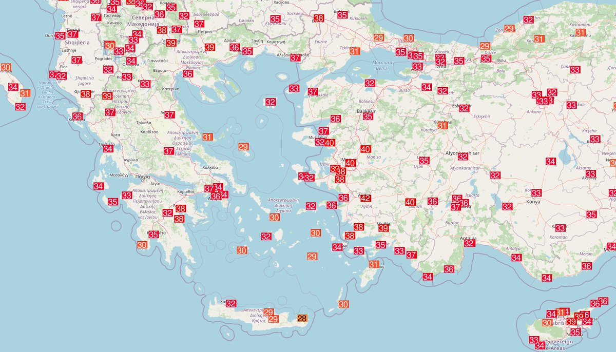 Σήμερα 39 Βαθμούς στις Σέρρες , 38 βαθμούς Κελσίου σε Άργος , Άστρος και Ορμένιο από τους σταθμούς της #ΕΜΥ. Την Πέμπτη μικρή περαιτέρω άνοδος , ενώ η πιό ζεστή ημέρα θα είναι η Παρασκευή .