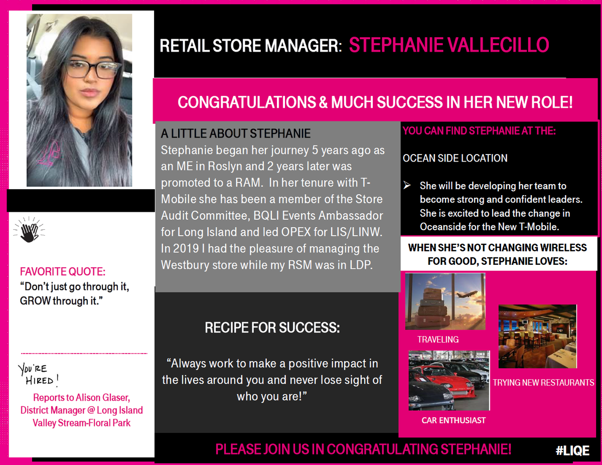 So excited to share more growth out of #LongIslandQueensEast - Congratulations <a href="/StephTmobile/">Stephanie Vallecillo</a> on your promotion to Store Manager! 🙌💪

<a href="/Ali52103530/">AliGlaser</a> <a href="/meganpanicucci/">Megan Panicucci</a> <a href="/thayesnet/">Terry Hayes</a> <a href="/JonFreier/">Jon Freier</a>