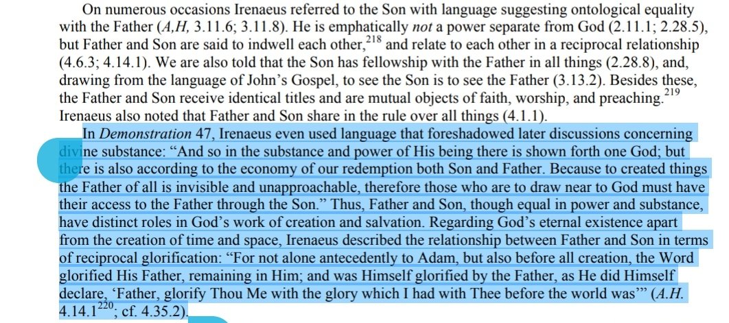 In addition, Irenaeus says in "Demonstration of the Apostolic Preaching" that "that which is begotten of God is God" (paragraph 47). Irenaeus' Triadology is significantly more "Nicene" than certain 3rd century apologists who were more driven by philosophical presuppositions.