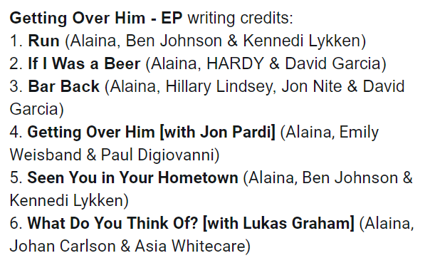 AlainaCharts's tweet image. Confirmed writing credits on @Lauren_Alaina&apos;s #GettingOverHim EP:
