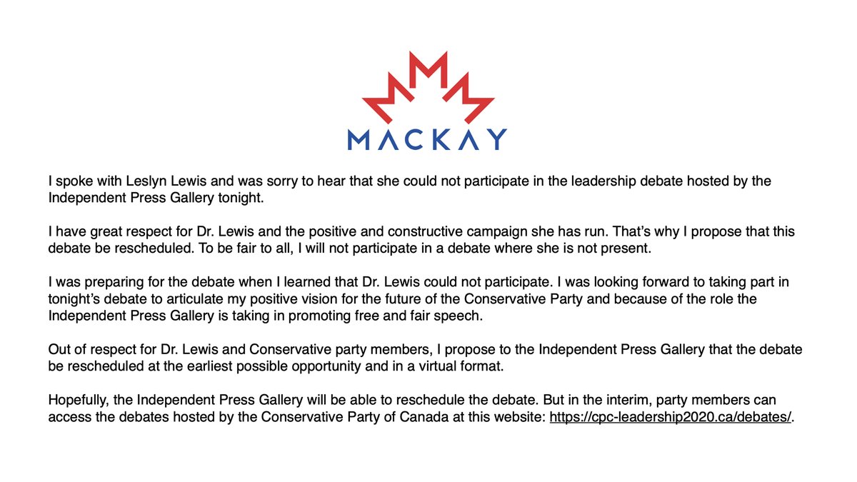 Please see my statement regarding tonight's Independent Press Gallery leadership debate #IPGdebate #cpcldr