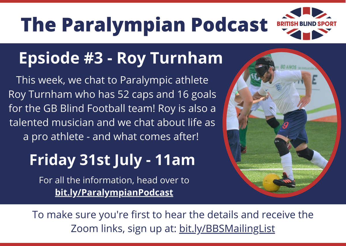 BritBlindSport's tweet photo. Episode 3 of #TheParalympianPodcast is coming your way on Friday at 11am! We're streaming the episode live to our FB page or you can join in via Zoom and ask your questions to ex-Paralympic footballer @RoyTurnhamMusic ⚽️ Head over to https://t.co/wakZSkFrW8 for the details! https://t.co/QdjsIJSBAQ