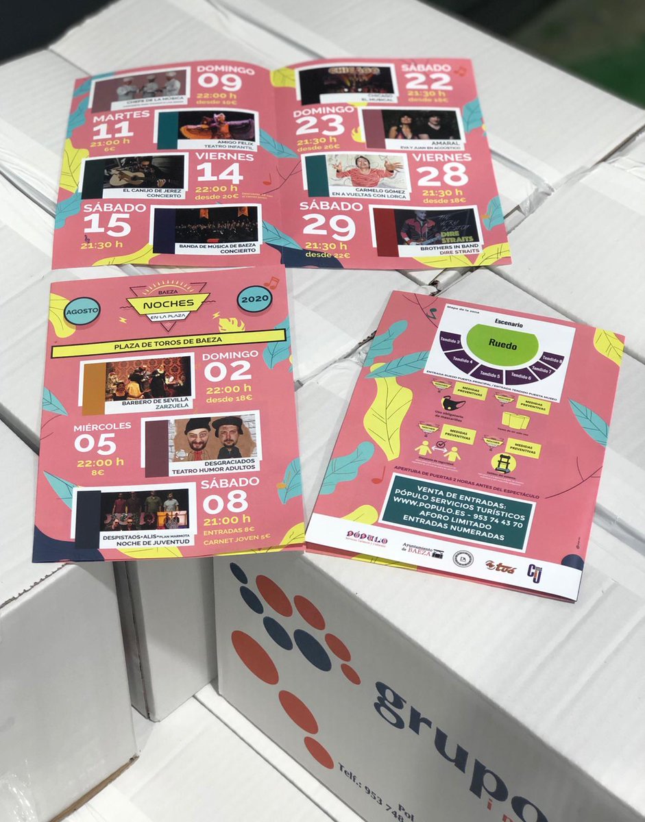 Somos afortunados por haber sido los encargados de realizar todos estos trabajos de impresión (carteles, lonas, entradas, lanyard... y estos dípticos) para #BaezaPlaza  que organizan nuestros amigos de <a href="/POPULOBAEZA/">Pópulo Baeza</a>  durante las noches de agosto. ¡No te los pierdas 😉!

 #GrupoMT