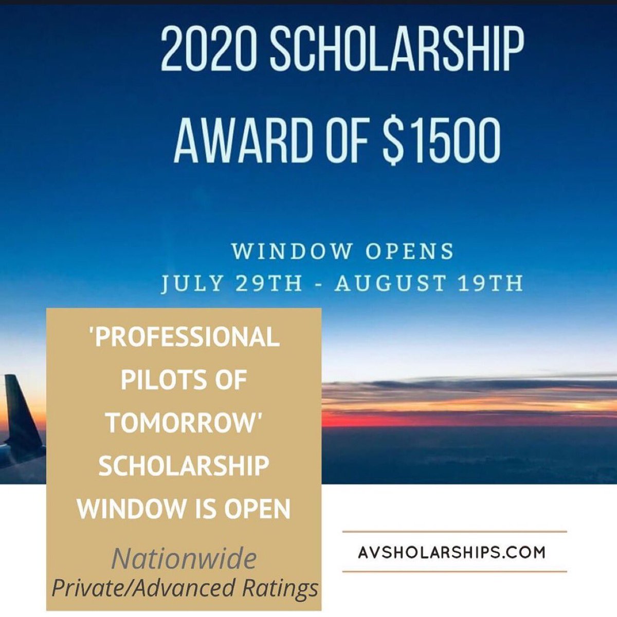 Window to apply for the 'Professional Pilots of Tomorrow' scholarship has opened! Open nationwide and for all ratings/certificates. Find this plus 1,000+ more scholarships at avscholarships.com