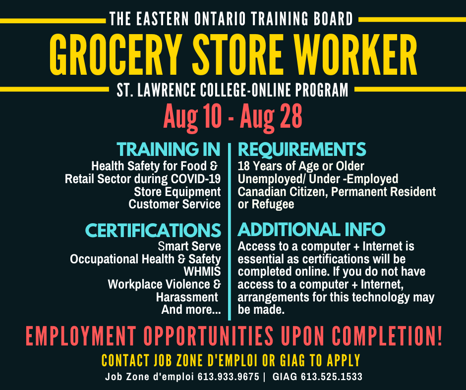 SLCCLPI's tweet image. If you are in the Cornwall area St. Lawrence College is presenting the “Grocery Store Worker” program that is scheduled to run from August 11 to August 28, 2020. 

To Apply contact:
Job Zone D’Employ – phone: 613-933-9675
GIAG – phone: 613-525-1533