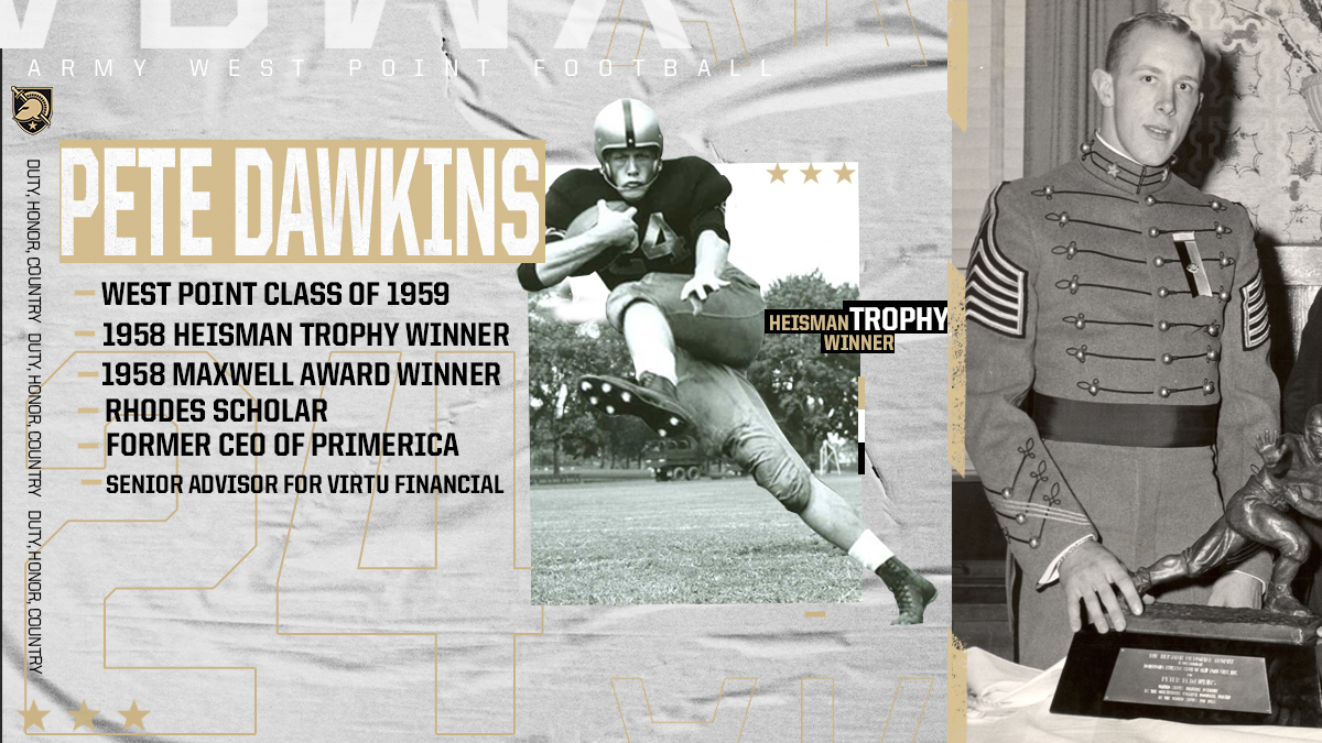 ArmyWP_Football's tweet photo. Pete Dawkins is the epitome of what a @WestPoint_USMA education can do for you!
โ๏ธ@HeismanTrophy Winner
โ๏ธRhodes Scholar
โ๏ธCEO
#WestPointWednesday https://t.co/fUxVUxGb5U