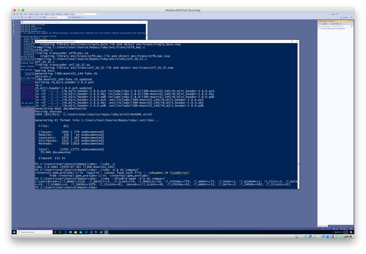 Screenshot of Windows running inside VirtualBox. A terminal is open and the compiled Ruby version is displayed