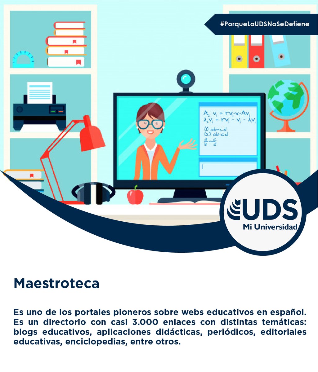 #PorqueLaUDSNoSeDetiene 🐾💙

Es un directorio con casi 3.000 enlaces con distintas temáticas: blogs educativos, aplicaciones didácticas, periódicos, editoriales educativas, enciclopedias, entre otros.💻🌎👍

#UDSMiUniversidad #Educación