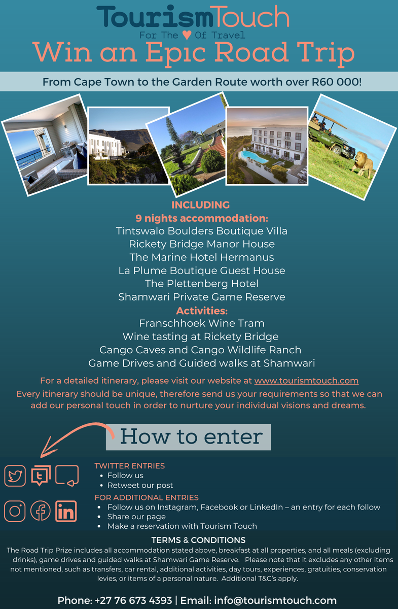 TourismTouch's tweet image. DON’T BLINK, YOU WON’T WANT TO MISS THIS.
Tourism Touch has partnered with world renowned, award winning brands to create the ultimate road trip. To celebrate the launch of Tourism Touch, one lucky couple stands the chance of winning this incredible prize! See below how to enter.