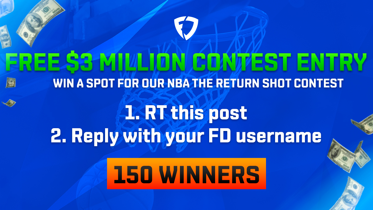 FanDuel's tweet photo. Who wants an entry into our $3 MILLION NBA THE RETURN SHOT contest tomorrow night? 

Just RT this + REPLY with your FD username ⬇️

150 winners will be randomly selected and entered into the contest tomorrow.

#SportsReturn 

Rules: https://t.co/qa9uBXt2X4 https://t.co/yvnYZfPM5X
