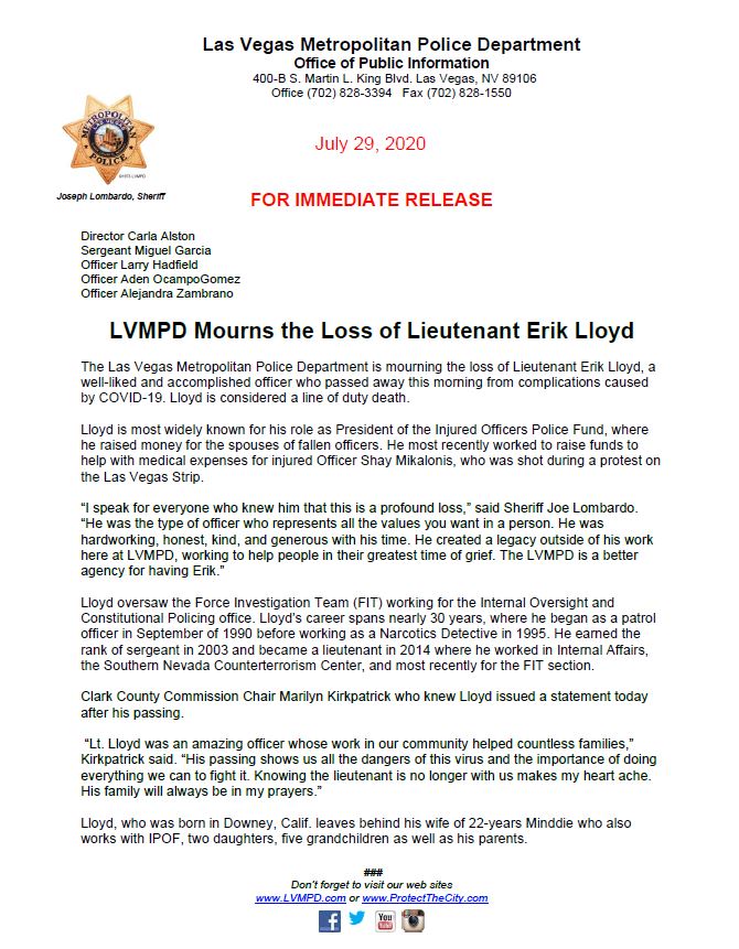 LVMPD's tweet photo. The LVMPD mourns the passing of Lieutenant Erik Lloyd. https://t.co/NQTY3b78Ho