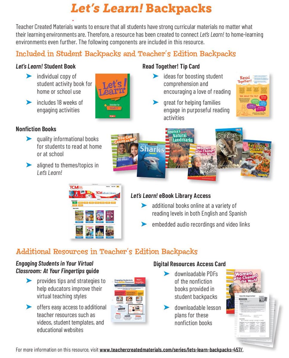 ddedekian's tweet image. Let’s Learn! Backpacks prevent learning loss, and prepare for unknown learning environments. These take-home backpacks support students in a variety of settings and focus on ALL content areas. @tcmpub