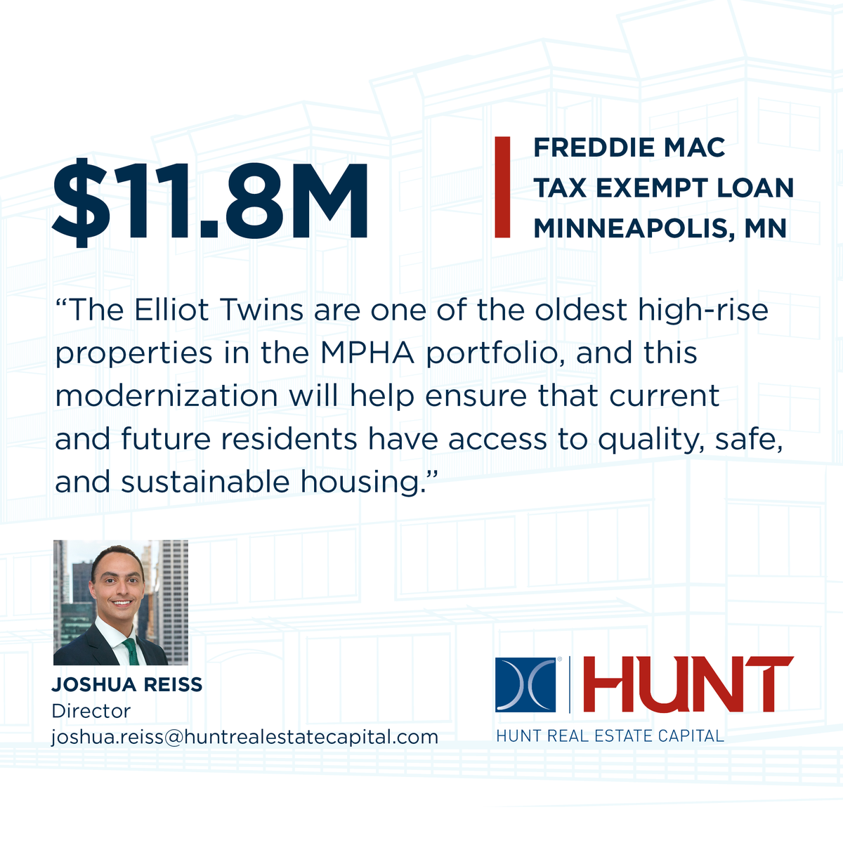 HRECapital's tweet photo. Joshua Reiss recently  provided an $11.8 million Freddie Mac Tax Exempt Loan to help facilitate the Rental Assistance Demonstration (RAD) conversion and $25 million renovation of Elliot Twins.

Learn more: https://t.co/LYVDpd3P1L

#AffordableHousing #RAD #Renovation #MPHA https://t.co/qZpgLOwEo6