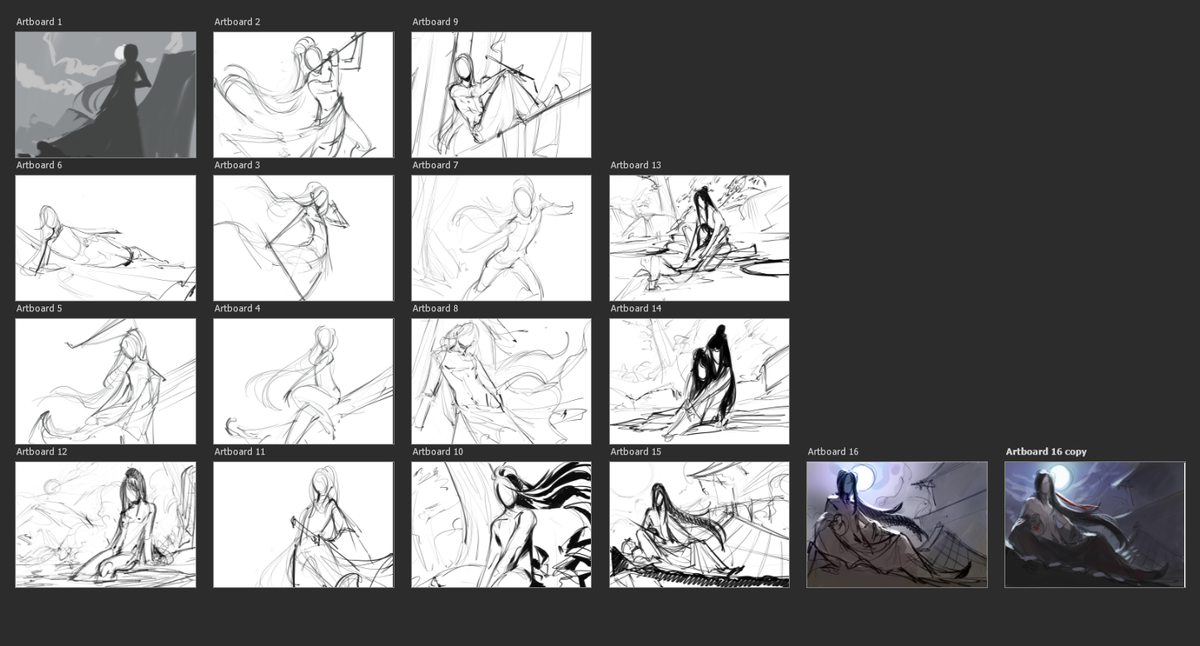 Speaking of thumbnails
Adobe introduced a tool called artboards a while ago, they're super nice to just expand a thumbnail grid and develop and idea

It's nested with the move tool - give it a try!
I also enjoy it very much for studies <3 