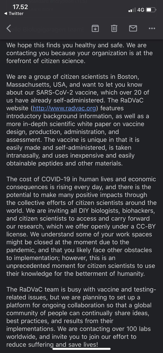 Someone just posted what appears to the solicitation, or outreach, by DIY covid-19 vaccine organization Radvac. Sent to more than 100 labs worldwide (presumably DIY labs, collectives) and envisions 'global implementation',screenshot via  @biohackinfo